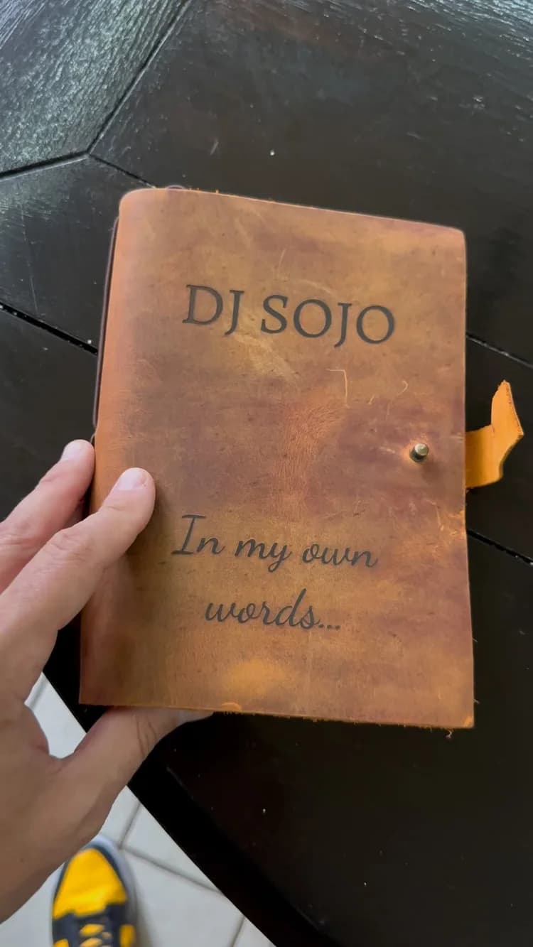 A leather journal engraved DJ Sojo in my own words
